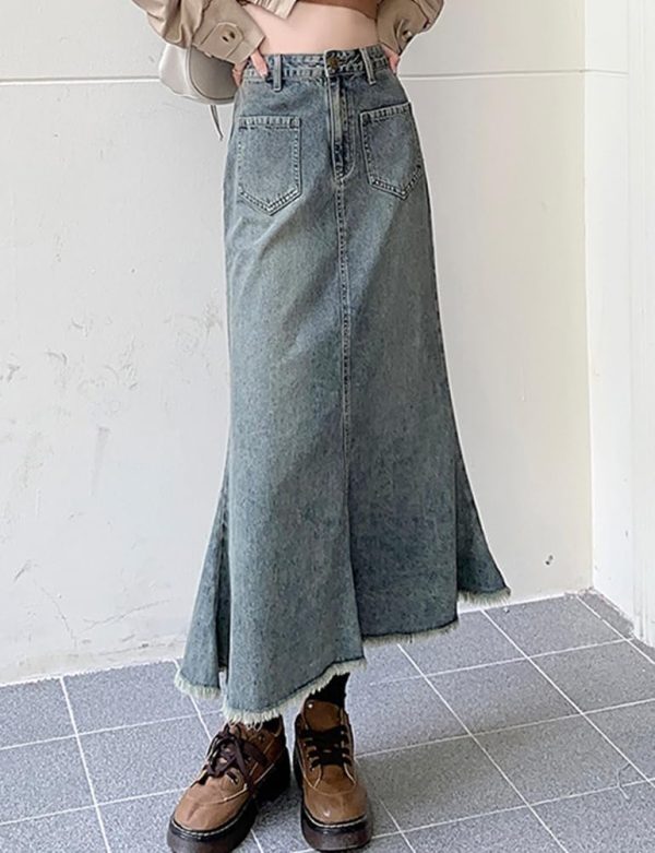 IDEALSANXUN Long Denim Skirt for Women High Waisted Frayed Hem Fall ...