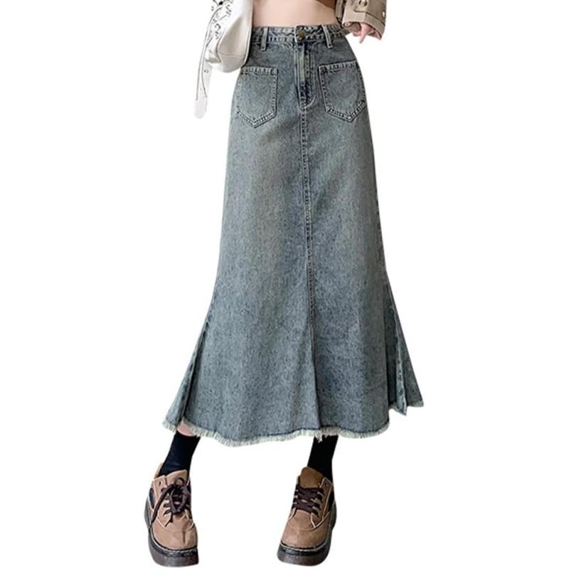 IDEALSANXUN Long Denim Skirt for Women High Waisted Frayed Hem Fall ...