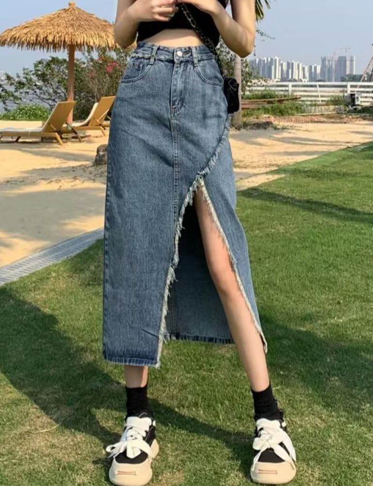 IDEALSANXUN Long Denim Skirt for Women High Waisted Frayed Hem Fall ...