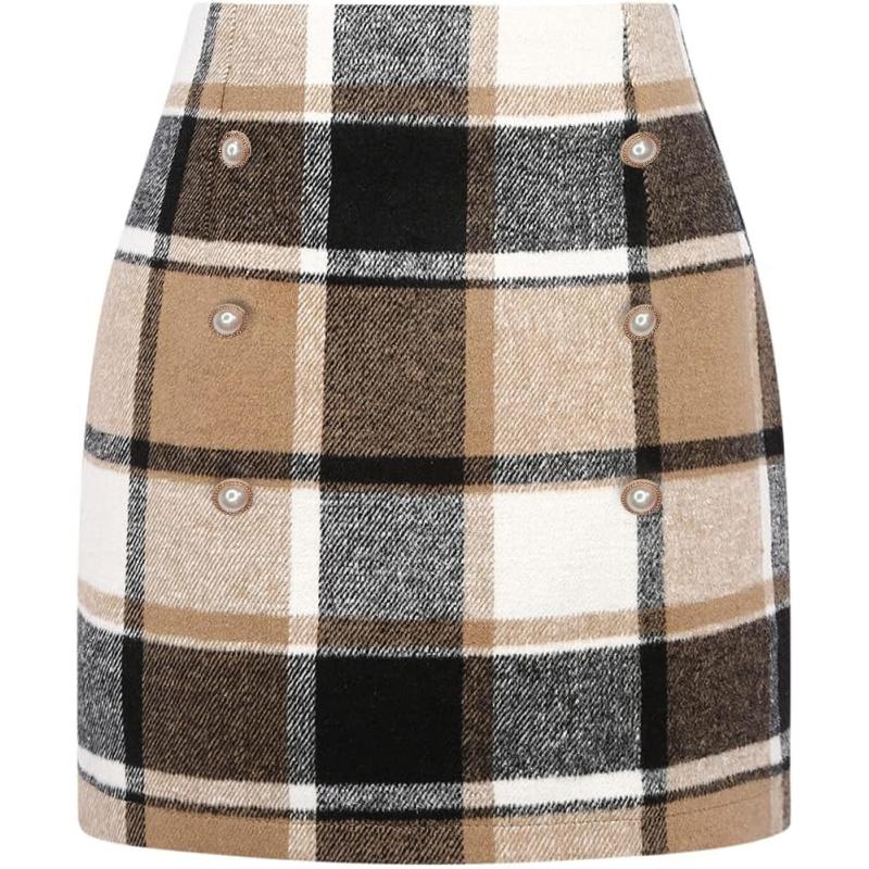 IDEALSANXUN Womens Plaid Mini Skirts Fall Winter Double Button Wool ...